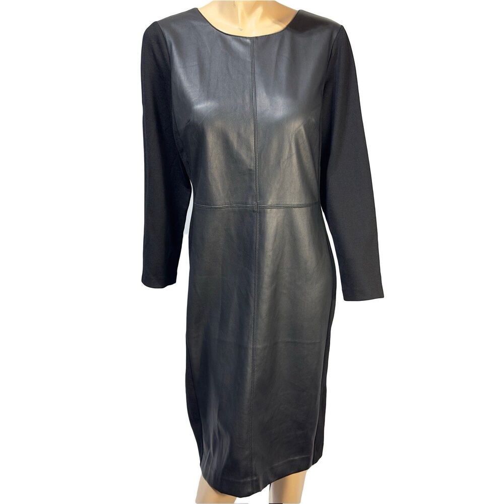 Talbots Faux Leather Panel Ponte Dress Women’s Size 14 Black Sheath NWT